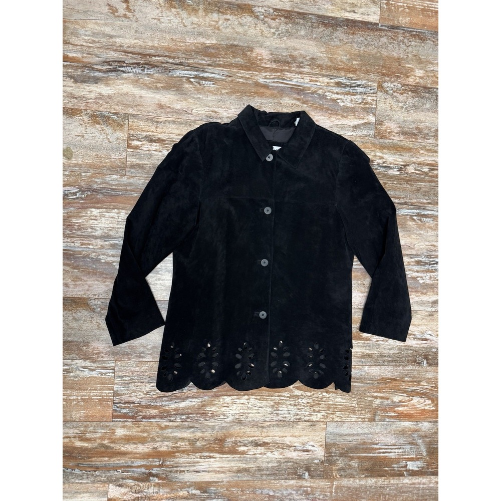 Women's Lord & Taylor Black Suede Leather Button Up Jacket Size Large Vintage